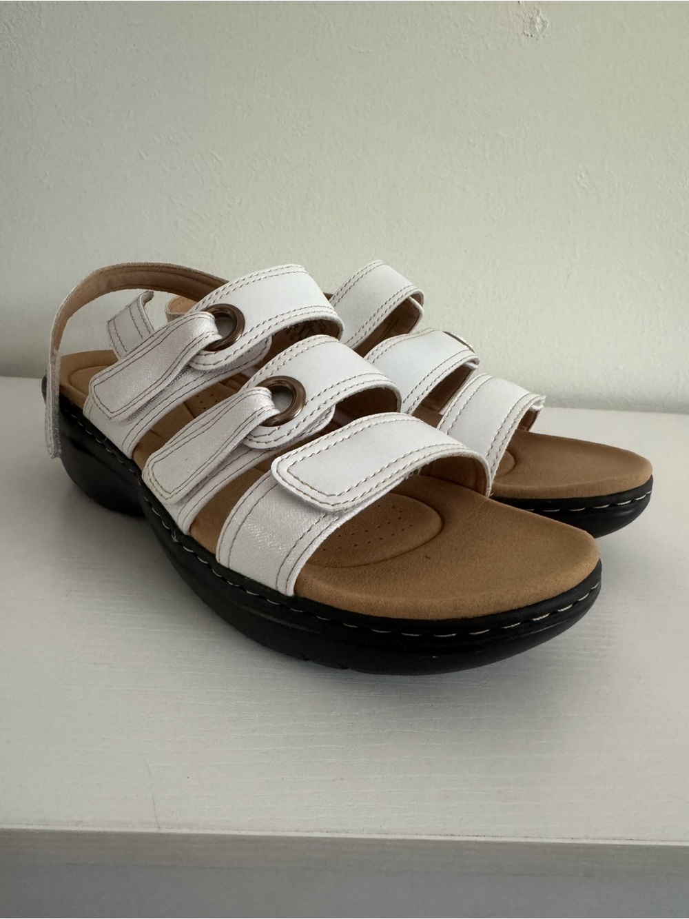 Clarks White Leather Triple-Strap Comfort Sandals